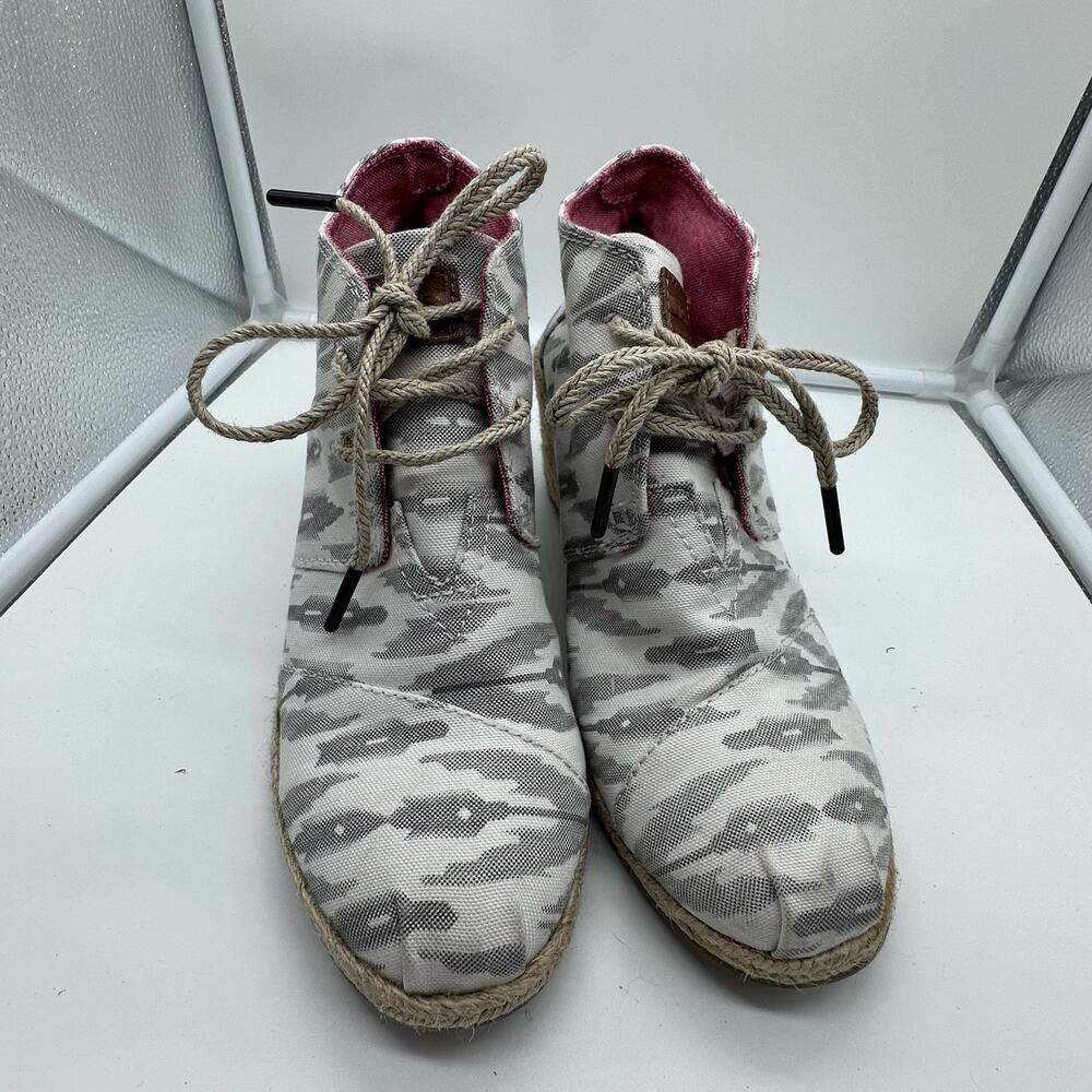 Toms Espadrille Wedge Heels Ankle Boots Shoes Womens Size 7.5 M Gray Camo Canvas